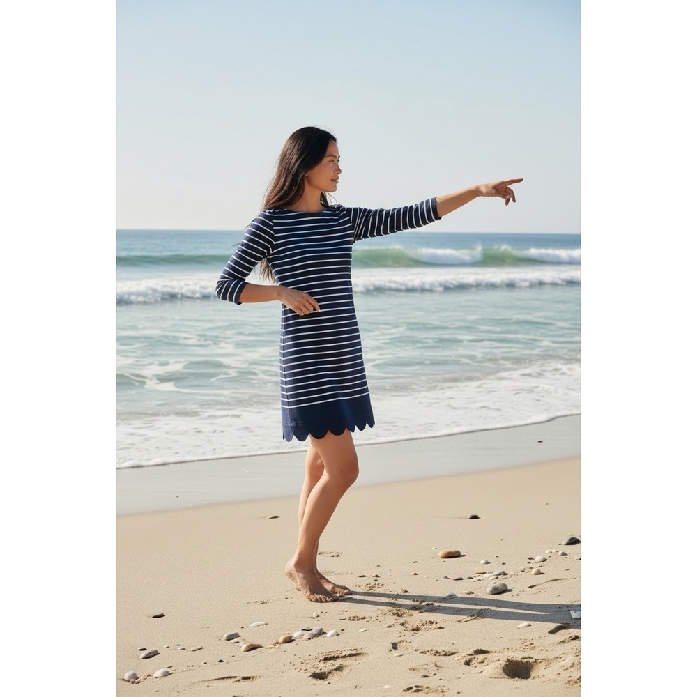 Vineyard Vines Sz Small Boatneck Navy Striped Scalloped Hem Nautical Shift Dress